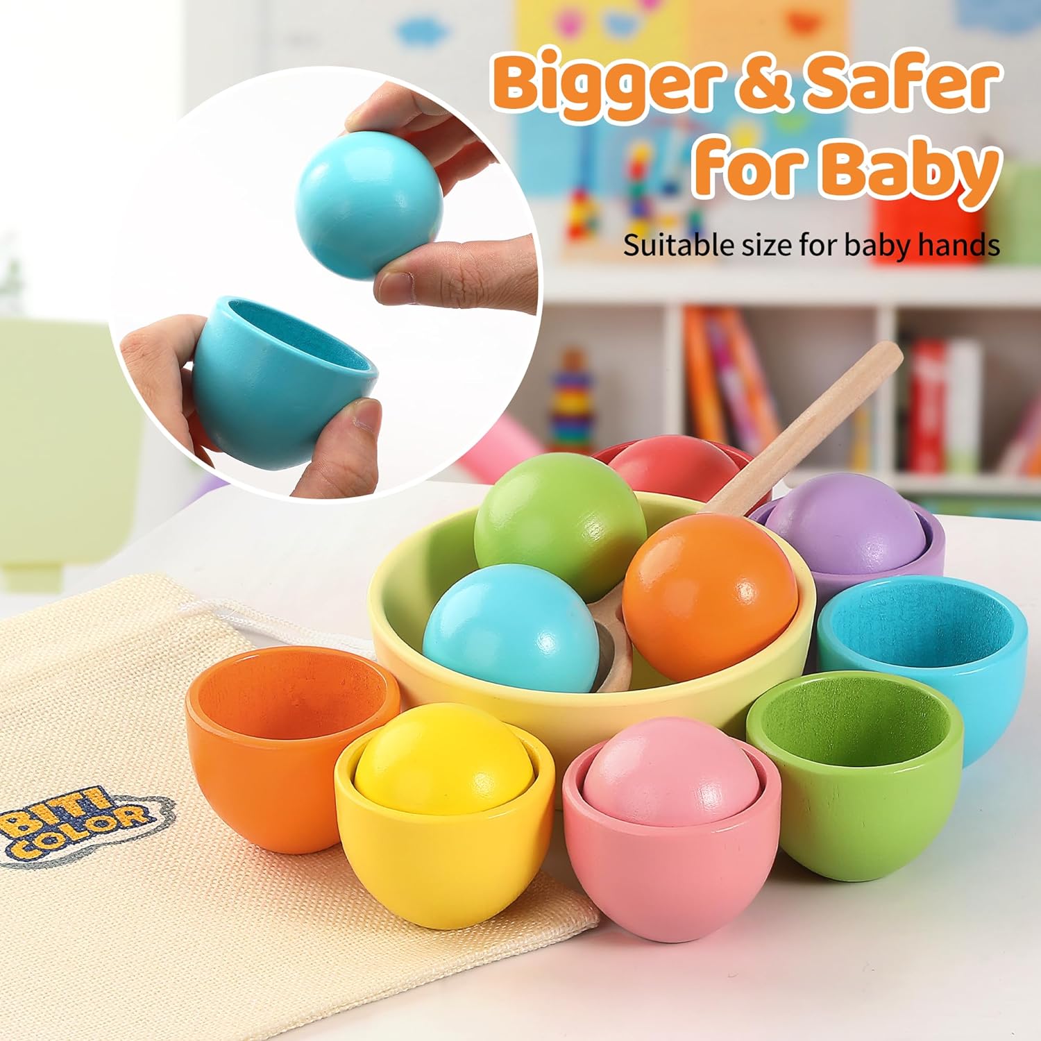 Balle en bois arc-en-ciel Montessori : jouet sensoriel assorti aux couleurs de la tasse – Image 2