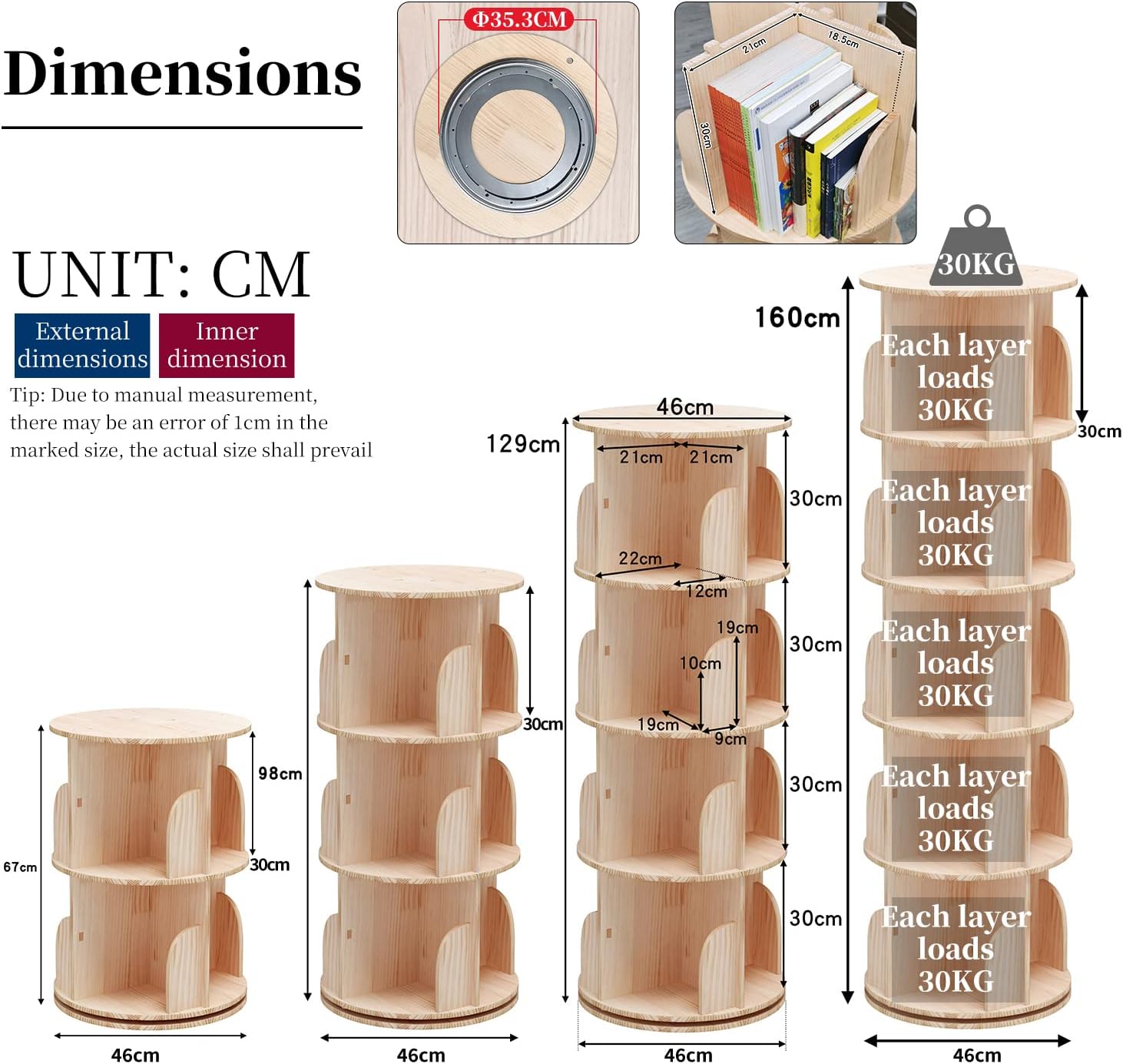 Bibliothèque Montessori rotative à 360 degrés en bois massif : rangement multifonctionnel pour enfants et adultes – Image 2