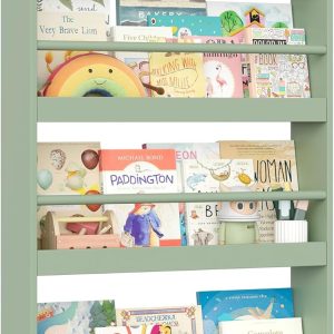 Bibliothèque murale montessori pour enfant avec étagères vertes