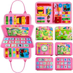 Busy board Montessori rose pour bébé 1 à 4 ans : jouet éducatif avec puzzle