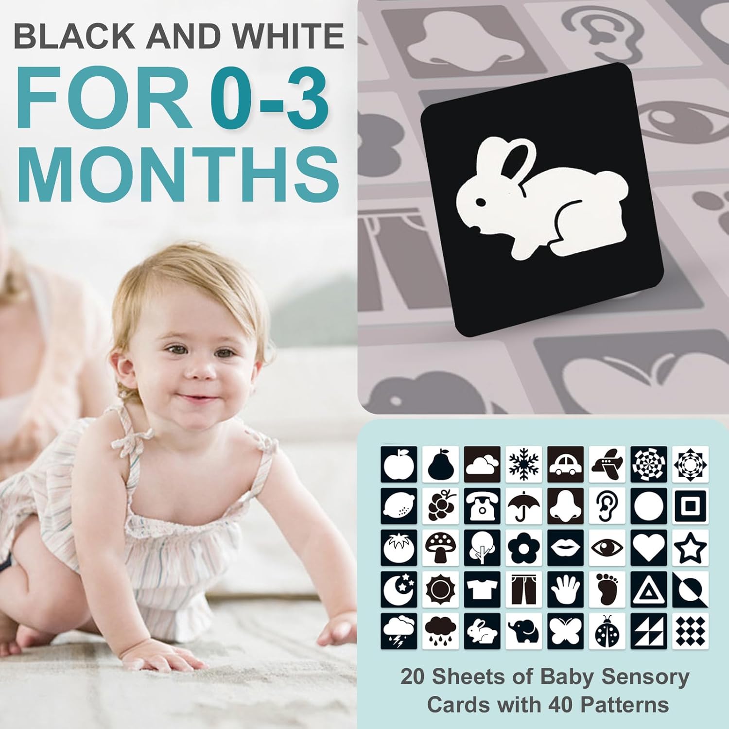 Cartes d’éveil Montessori noir et blanc pour bébés 0-3 mois – Image 2