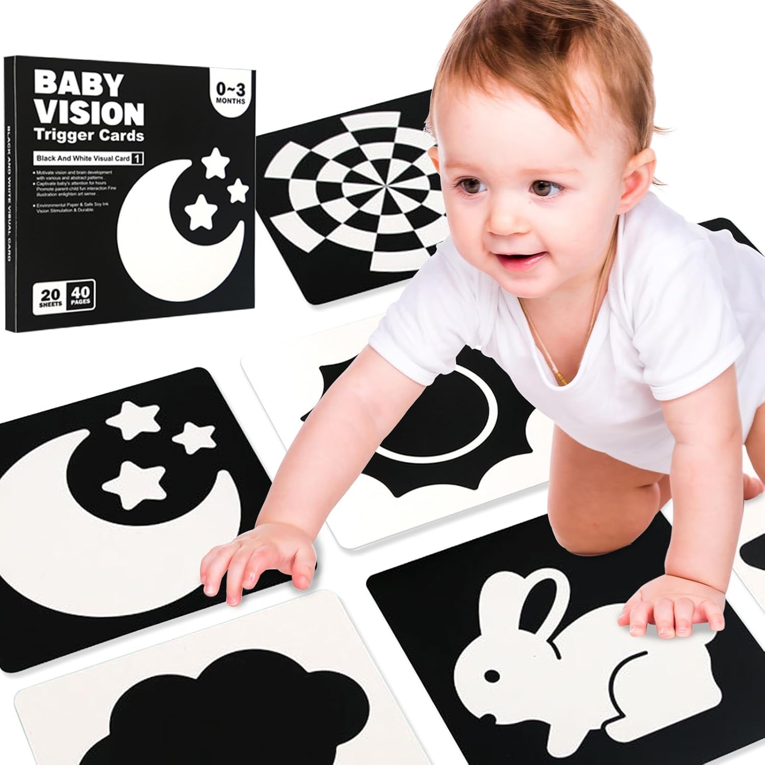 Cartes d’éveil Montessori noir et blanc pour bébés 0-3 mois