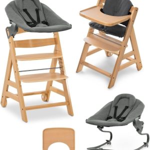 Chaise haute bébé Montessori en bois Hauck Alpha Plus avec transat nouveau-né – Naturel Gris Foncé