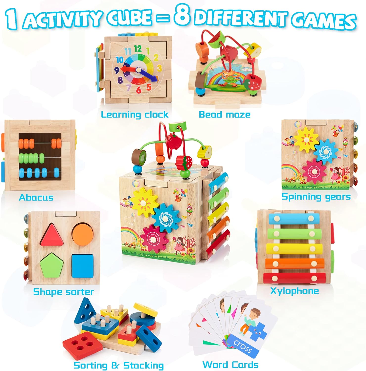 Cube d’activité Montessori 8 en 1 en bois pour enfants de 12 mois et plus – Image 2