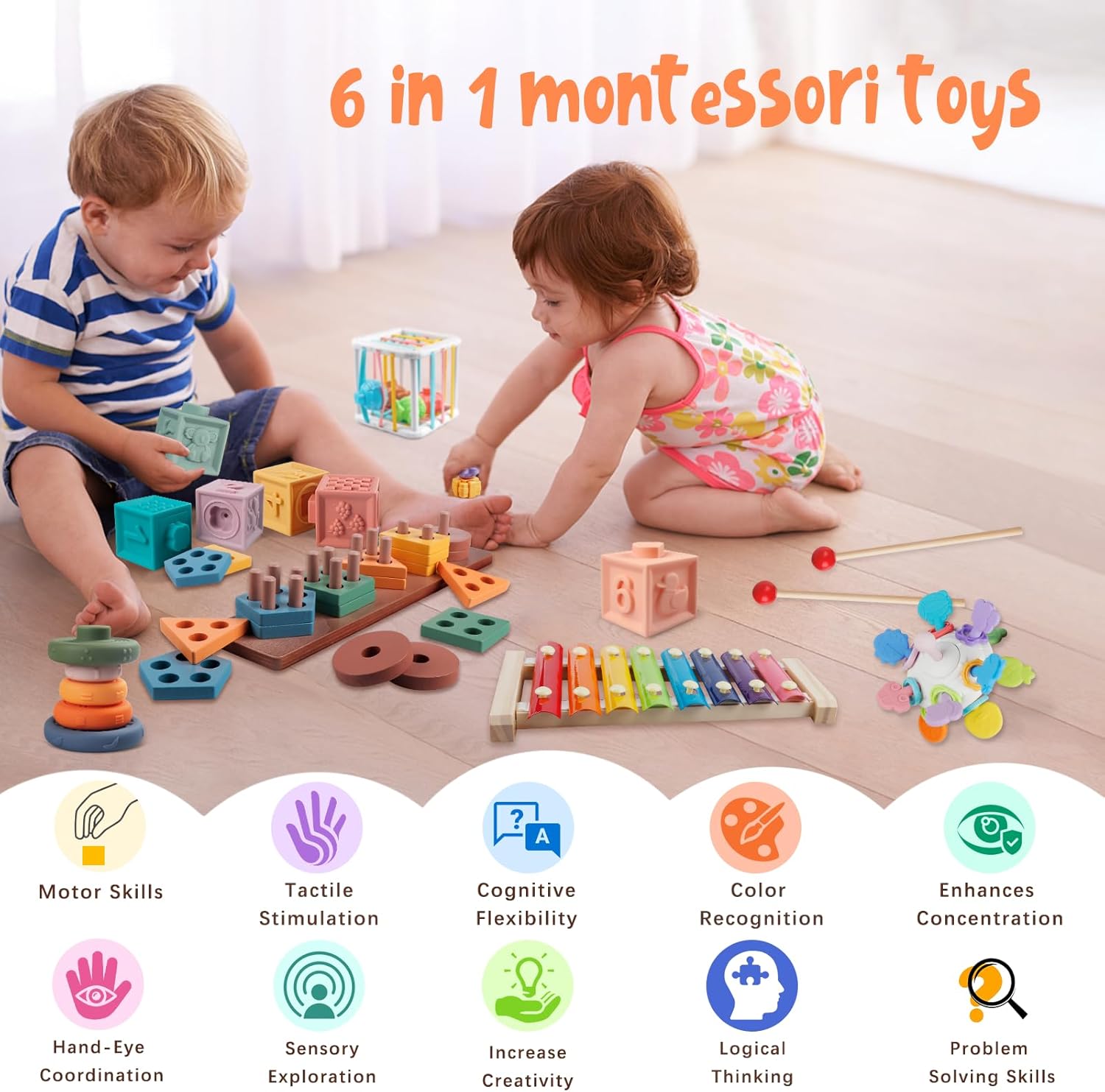 Cube d’éveil Montessori 6 en 1 en bois pour bébés de 6 mois à 3 ans – Image 2