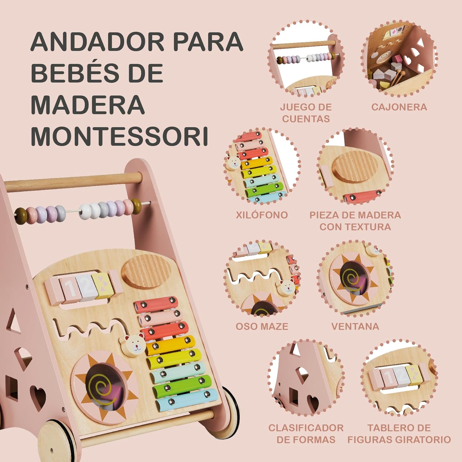 Déambulateur en bois Montessori avec jouets et activités pour bébé 12 mois+ – Image 2