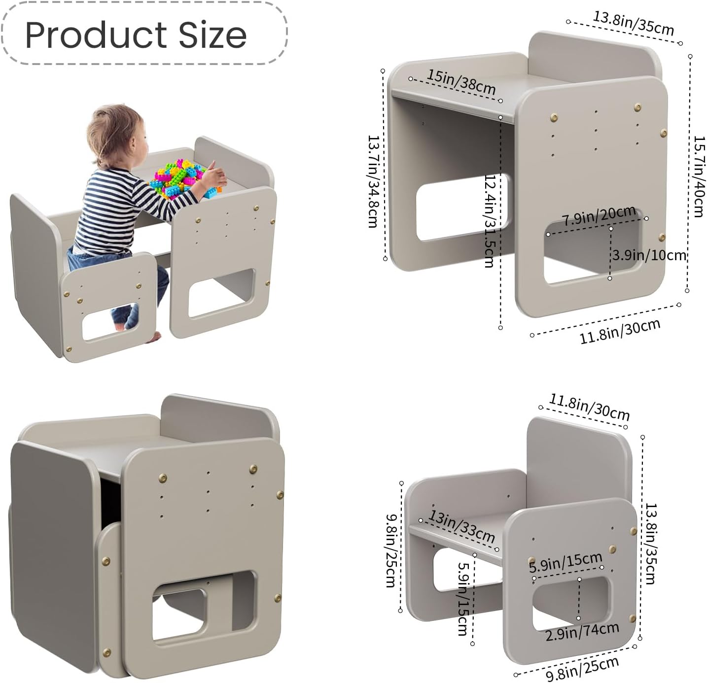 Ensemble Table et Chaise Montessori 2-en-1 pour Enfants en Bois Gris – Image 2