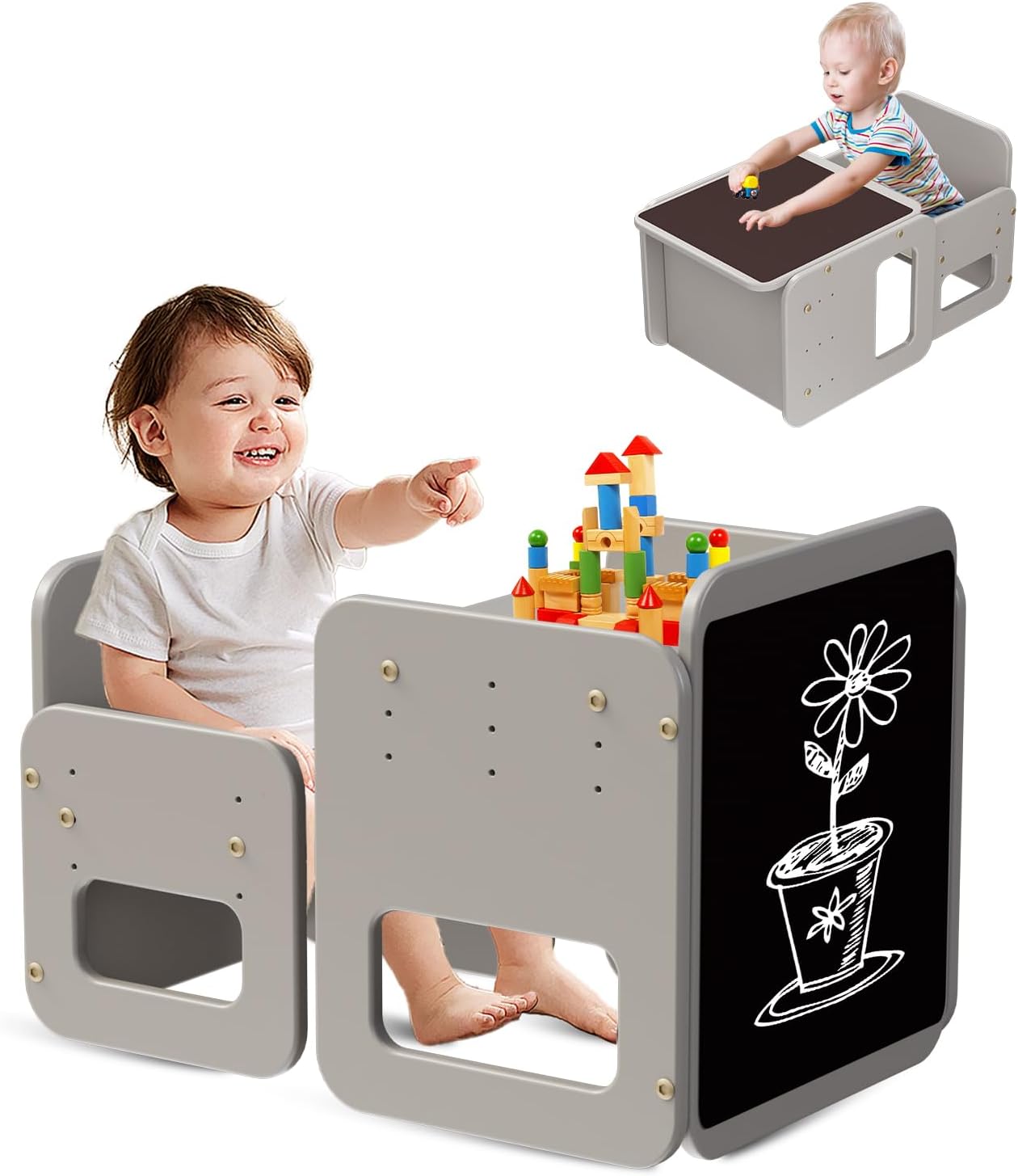 Ensemble Table et Chaise Montessori 2-en-1 pour Enfants en Bois Gris