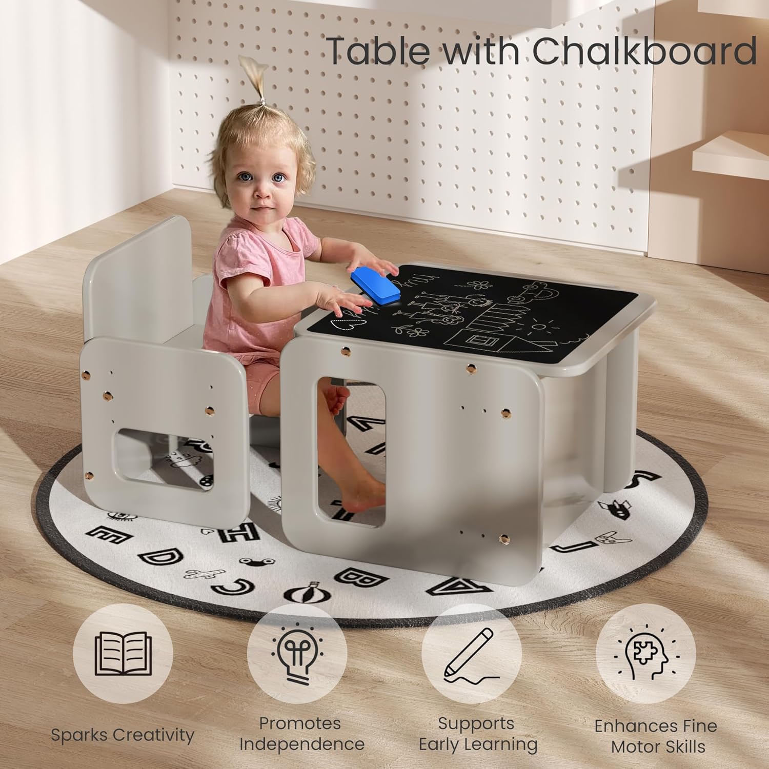 Ensemble Table et Chaise Montessori 2-en-1 pour Enfants en Bois Gris – Image 3