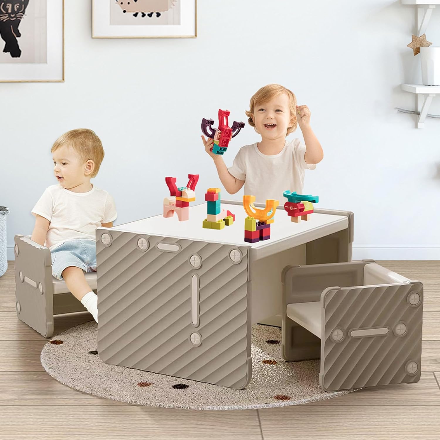 Ensemble Table et Chaises Montessori pour Enfants Hoopyosms en Kaki