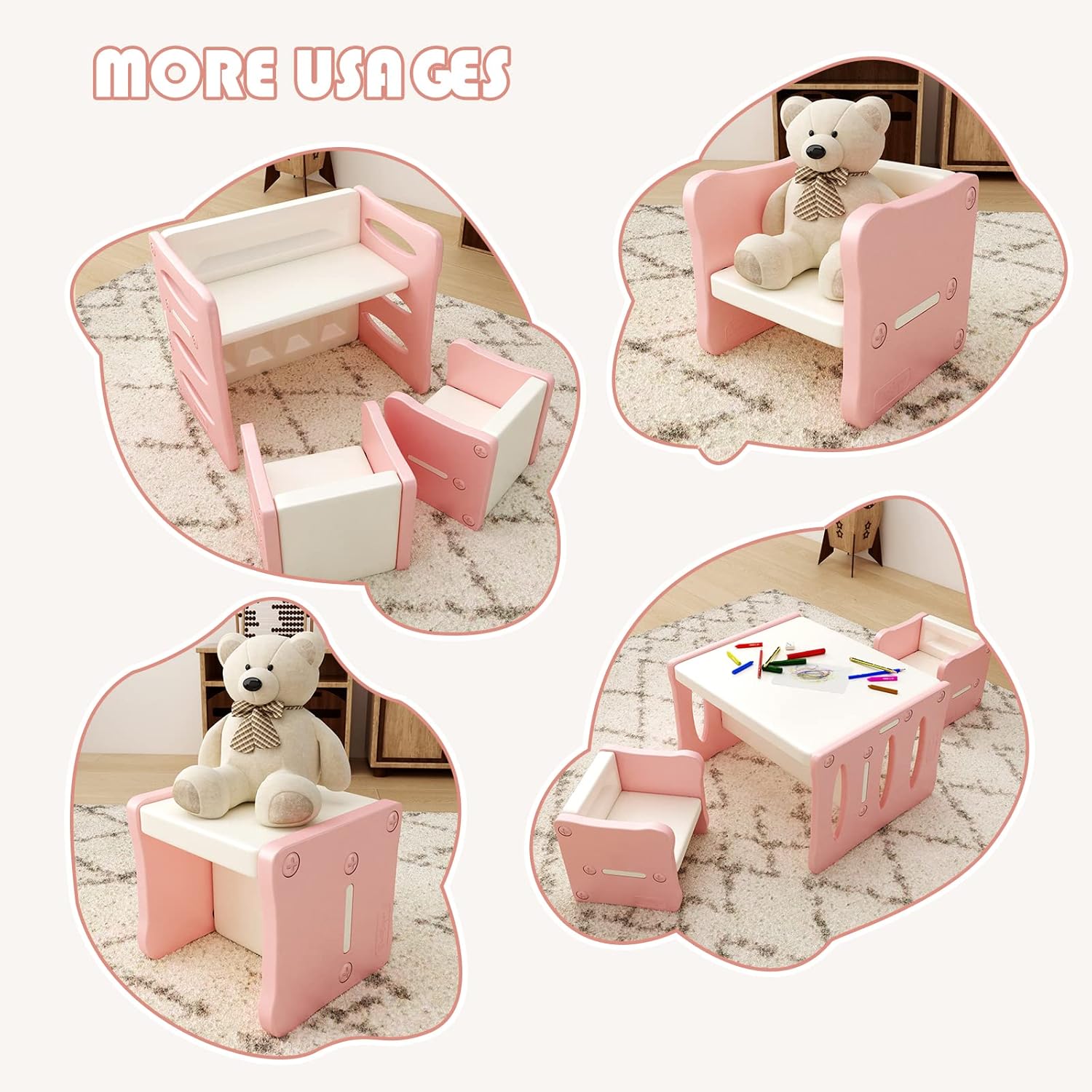 Ensemble table et chaises Montessori BanaSuper pour enfants – Rose Blanc – Image 3