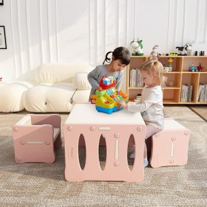 Ensemble table et chaises Montessori BanaSuper pour enfants – Rose Blanc