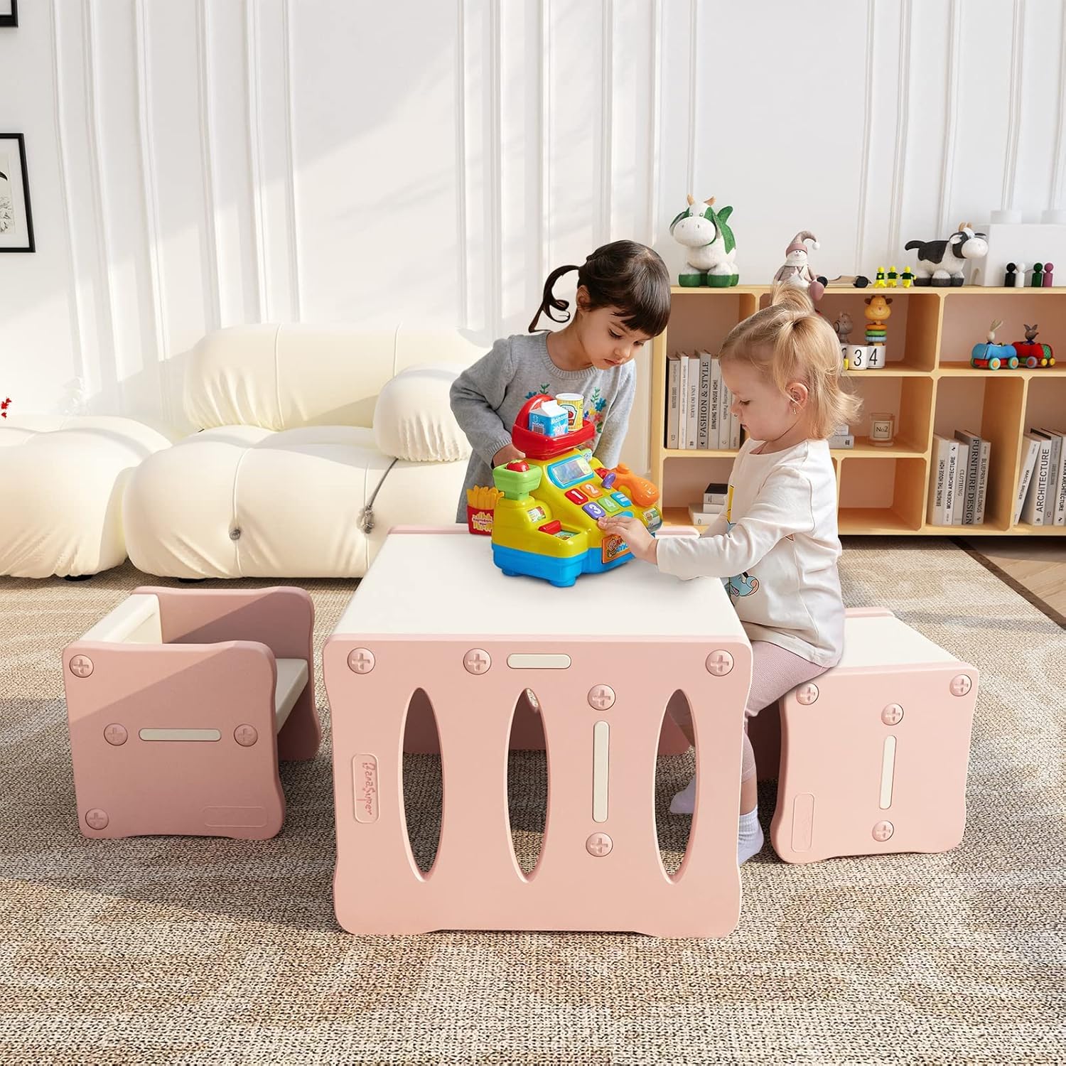 Ensemble table et chaises Montessori BanaSuper pour enfants – Rose Blanc