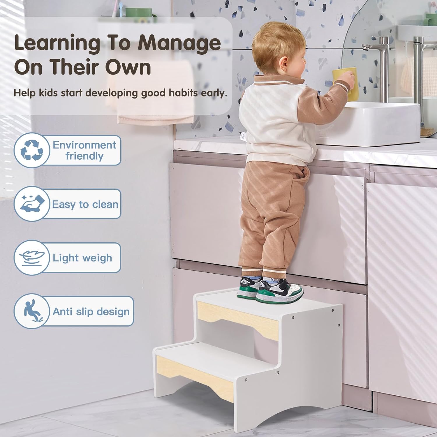 Escabeau Montessori pour enfants : Tabouret à 2 marches en bois Labebe – Image 2