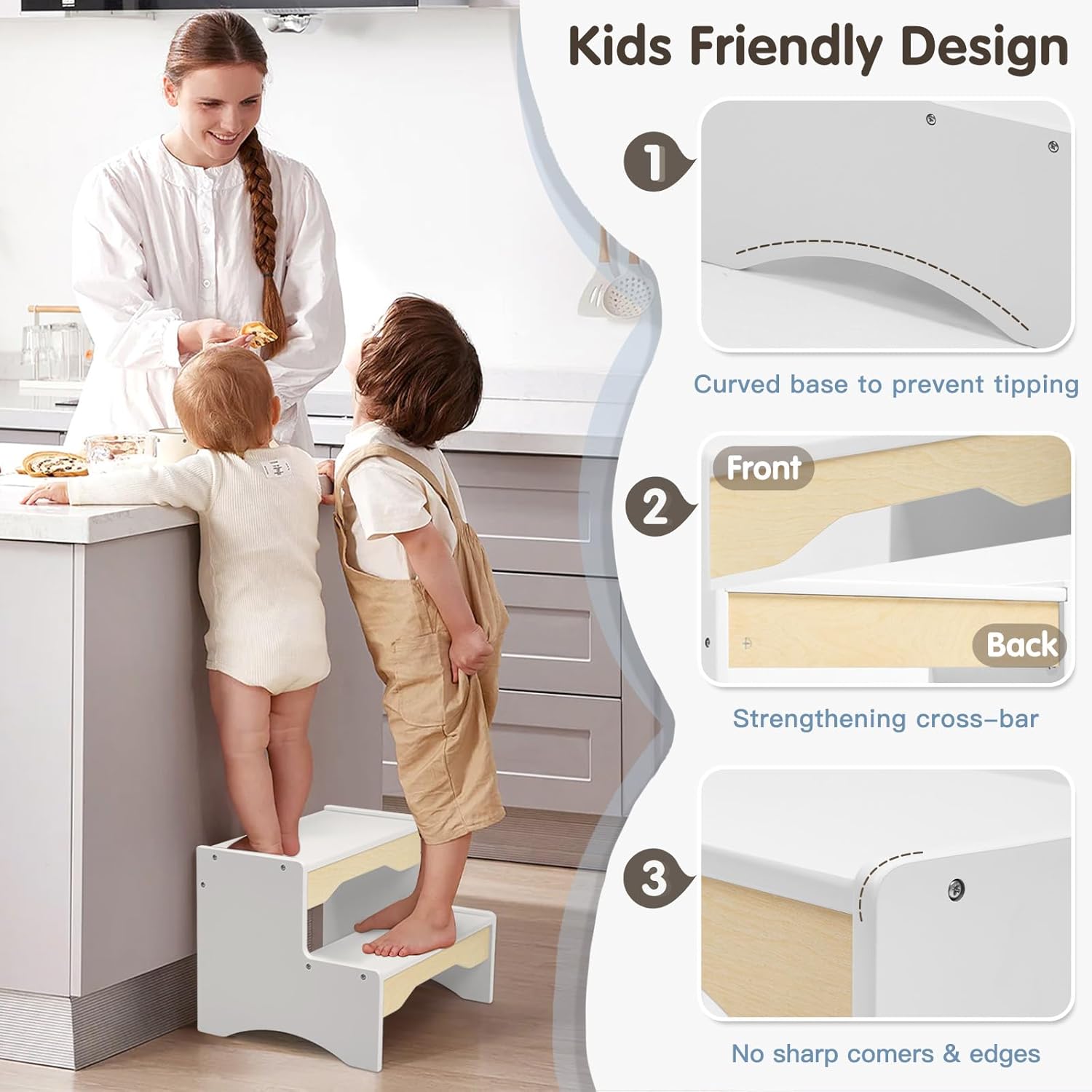 Escabeau Montessori pour enfants : Tabouret à 2 marches en bois Labebe – Image 3