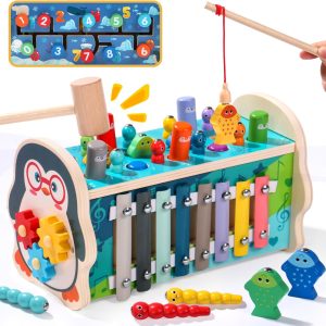 Jouet Montessori 6 en 1 pour bébé 1 an : jeu de taupe, pêche, xylophone et horloge