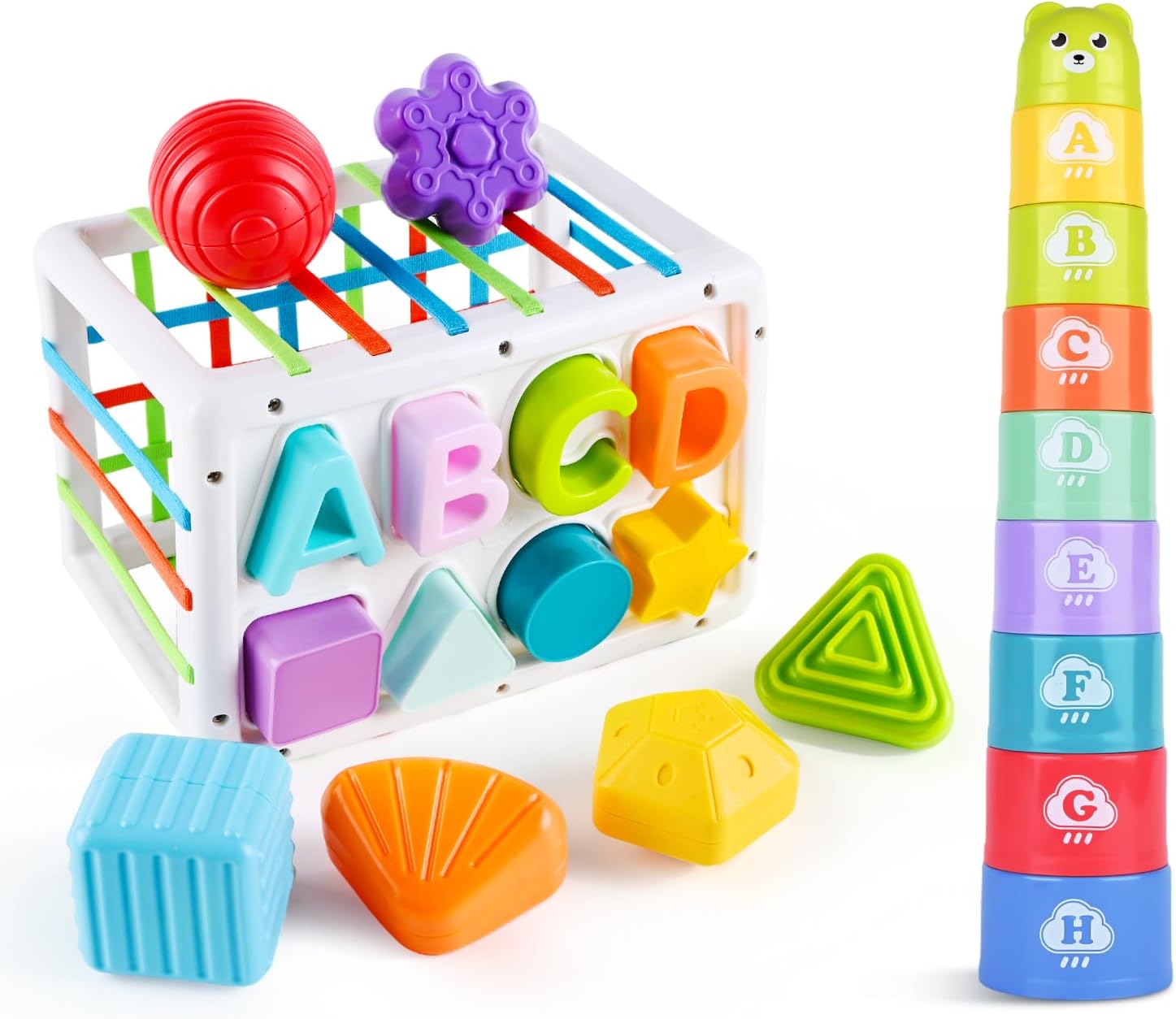 Jouet bébé Montessori 2 en 1 : tasses empilables et cube d’activité