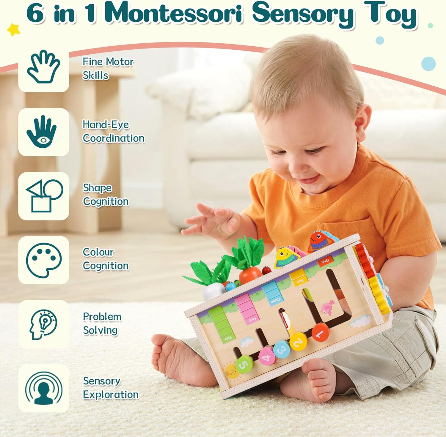 Jouet montessori en bois 6 en 1 pour éveil et motricité bébé 1-3 ans – Image 3