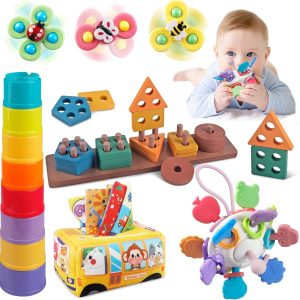 Jouets Montessori 5 en 1 pour bébés de 6 à 12 mois : dentition, empilage et tri