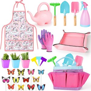 Kit Montessori de jardinage pour enfants 3 ans+ : pelle, râteau, fourche, gants, tablier, arrosoir et sac en toile, couleur rose