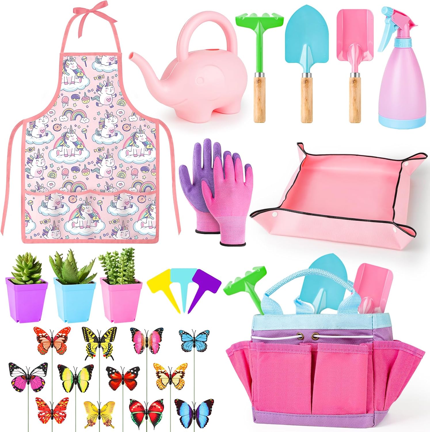 Kit Montessori de jardinage pour enfants 3 ans+ : pelle, râteau, fourche, gants, tablier, arrosoir et sac en toile, couleur rose