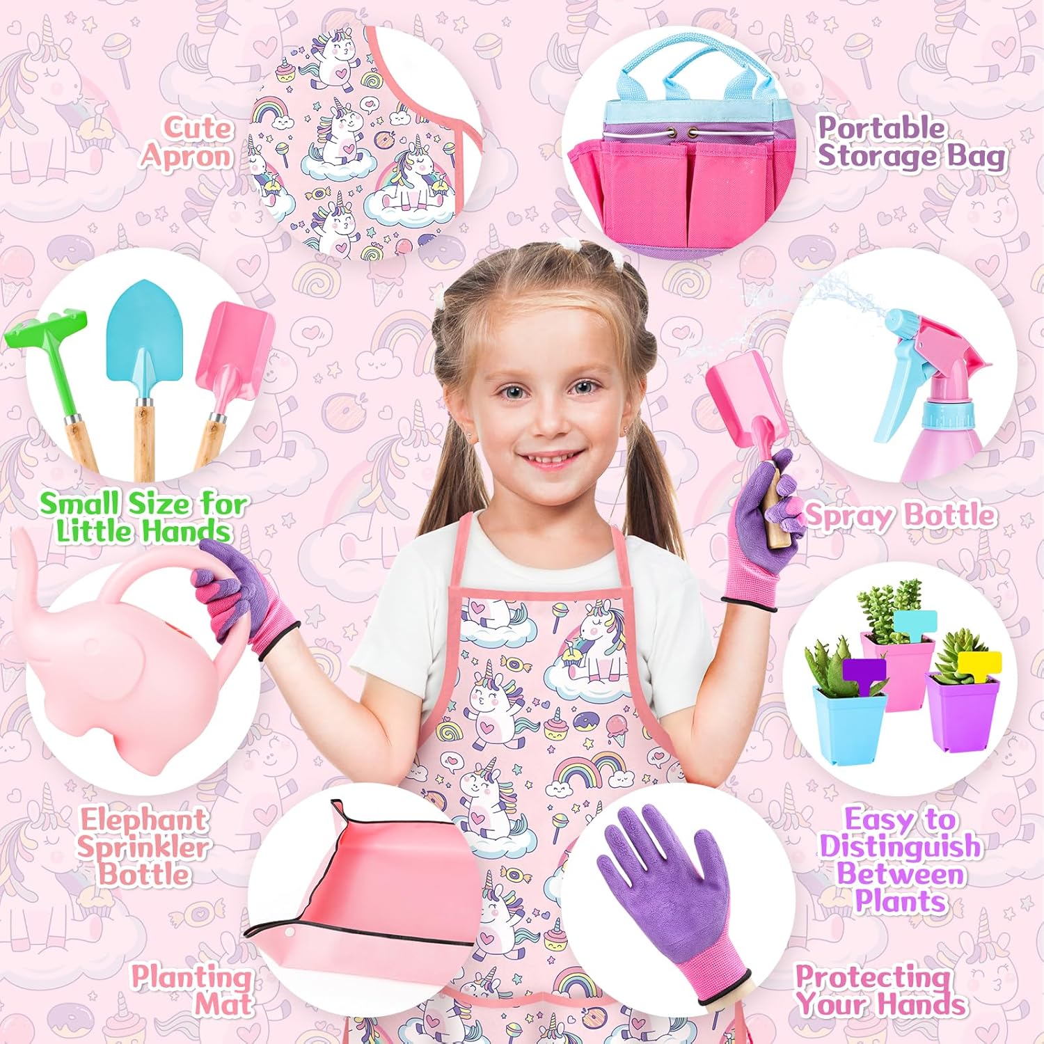 Kit Montessori de jardinage pour enfants 3 ans+ : pelle, râteau, fourche, gants, tablier, arrosoir et sac en toile, couleur rose – Image 3