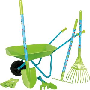 Kit de jardinage Montessori pour enfants dès 3 ans – Brouette, bêche et râteau en bois et métal