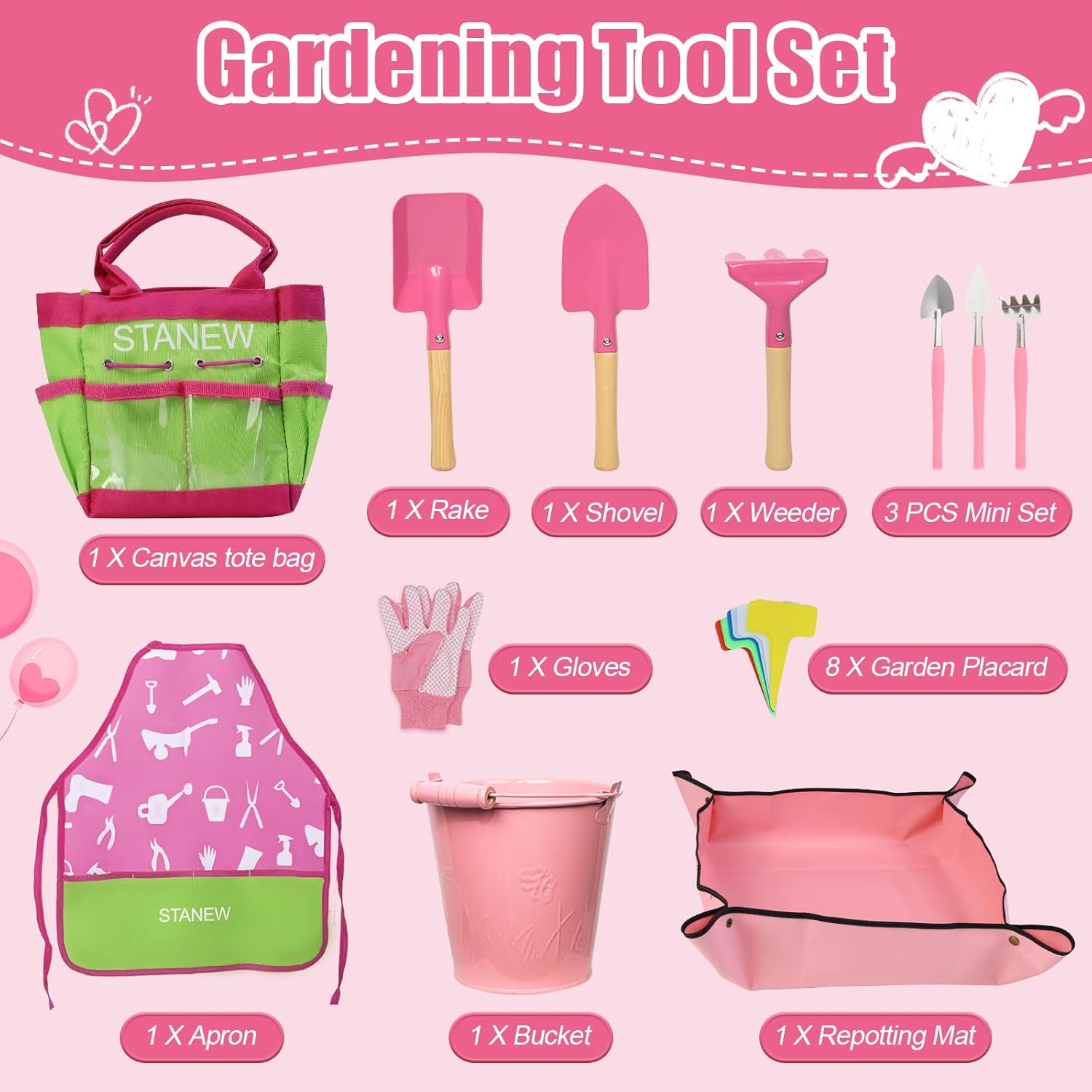 Kit de jardinage Montessori pour enfants : seau, tablier, gants, pelle et râteau – Image 2