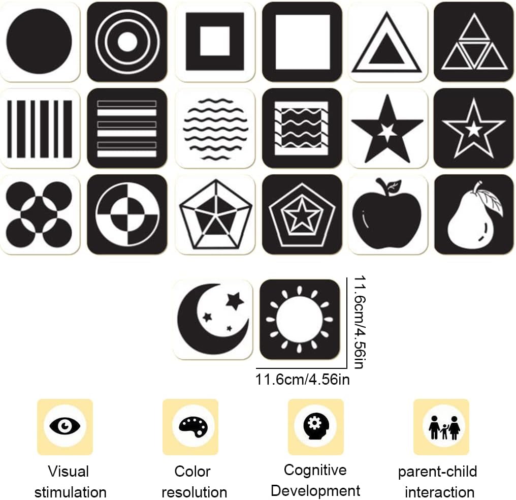 Lot de 18 cartes sensorielles Montessori noires et blanches pour nouveau-né – Image 2
