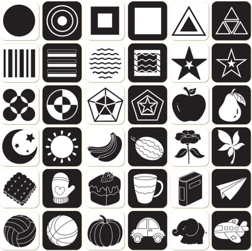 Lot de 18 cartes sensorielles Montessori noires et blanches pour nouveau-né