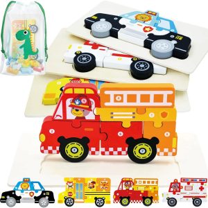 Puzzle Montessori en bois Dr. MUYA pour enfants 2 à 5 ans : Camion de pompiers et voiture de police