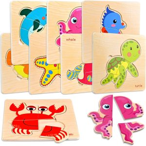 Puzzle Montessori en bois pour enfants 1-3 ans : jouet éducatif avec animaux marins