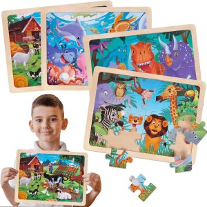 Puzzle Montessori en bois pour enfants de 3 à 5 ans : dinosaure, ferme, animaux et monde marin