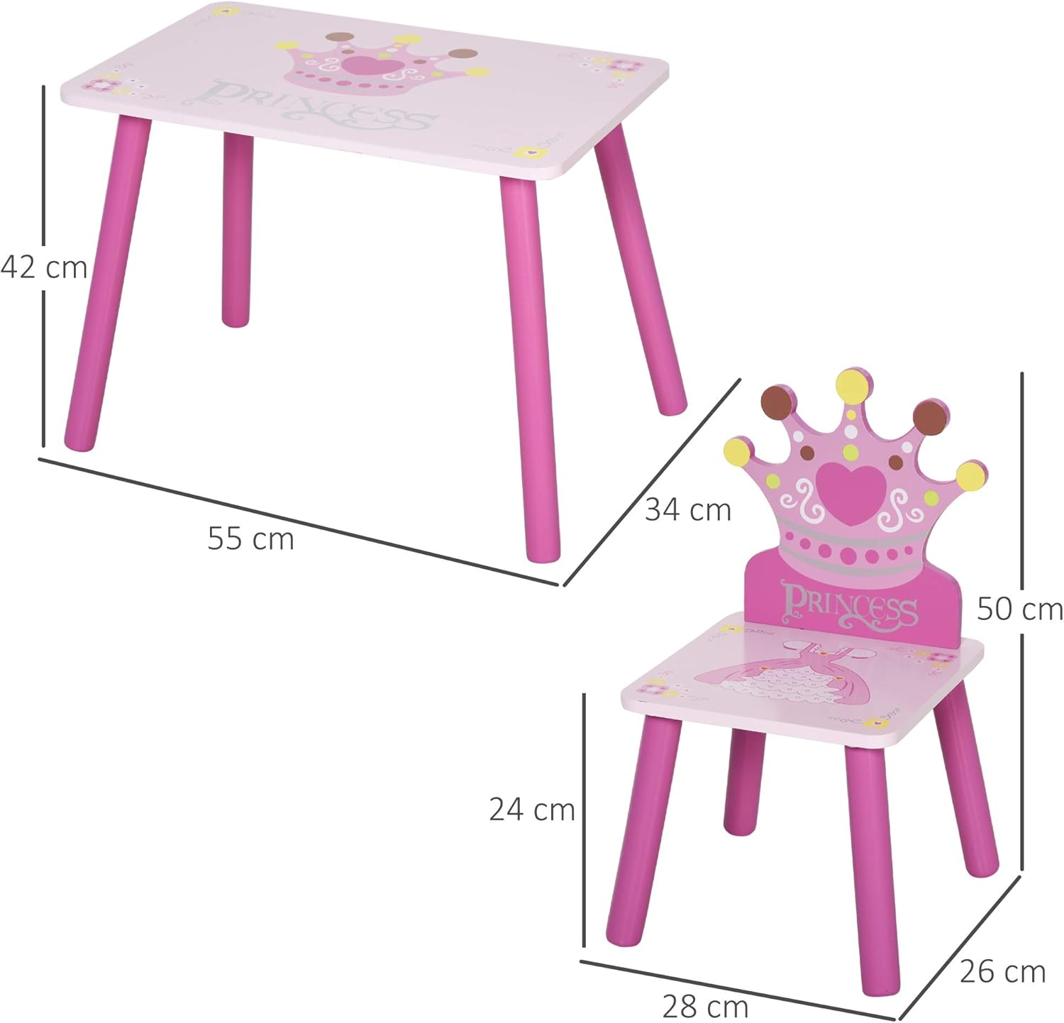 Table et chaises enfant Montessori design princesse en bois pin MDF rose – Image 3