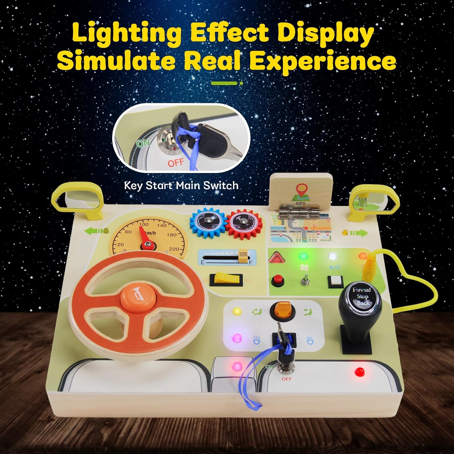 Tableau d’activités Montessori Baeroly : le jouet sensoriel avec volant et LED pour bébés – Image 3