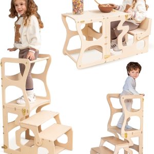 Tabouret de cuisine Montessori pour enfants : tour d&rsquo;observation avec dossier et découpes variées