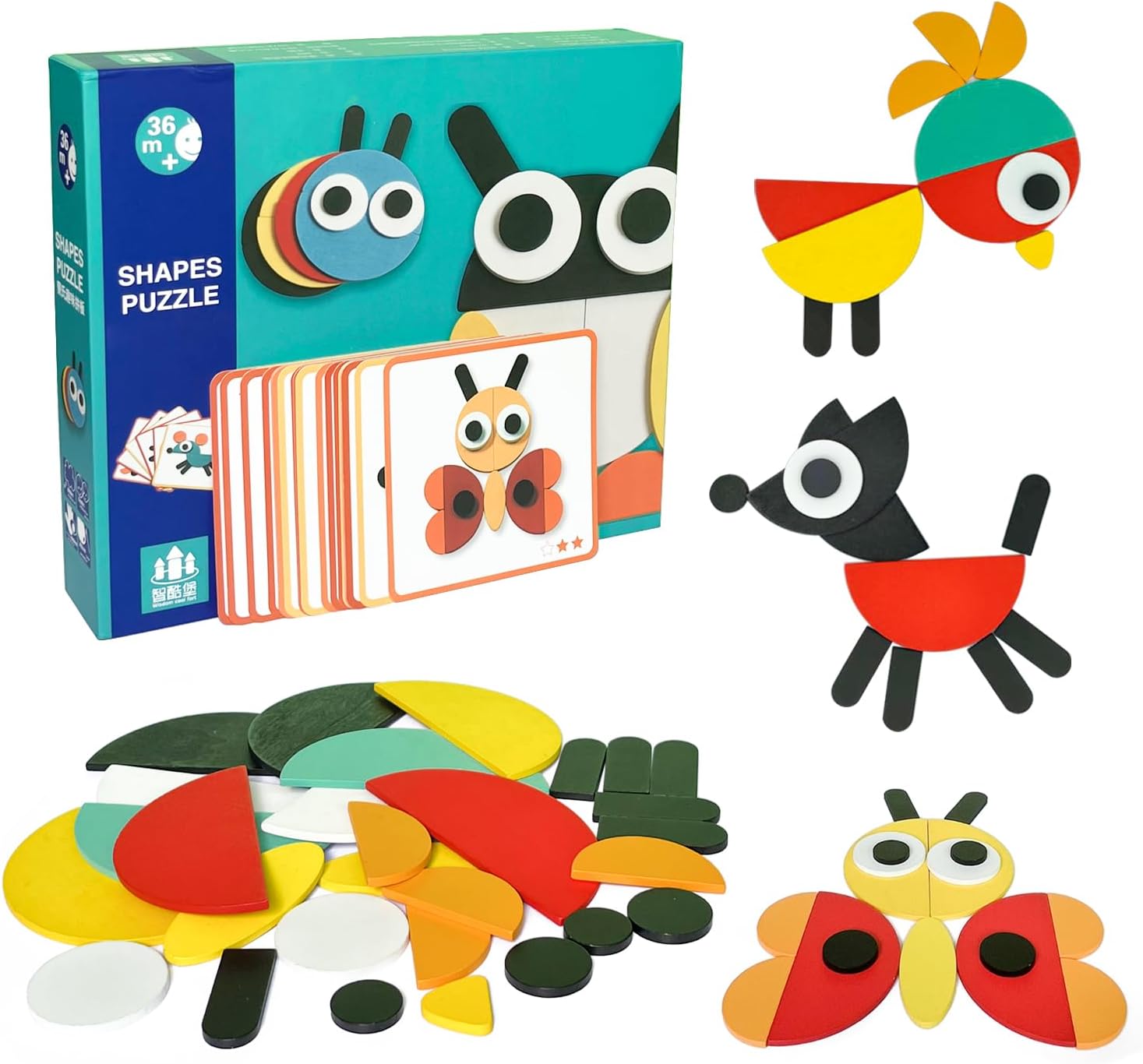 Tangram Montessori pour enfant : Jouet éducatif en bois pour apprentissage des formes et des couleurs