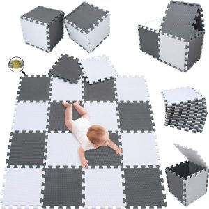 Tapis de jeu puzzle Montessori Meiqicool en mousse blanc et gris