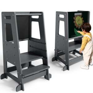 Tour d&rsquo;Observation Montessori Grise Aomdom avec Étagères Réglables et Tableau Noir