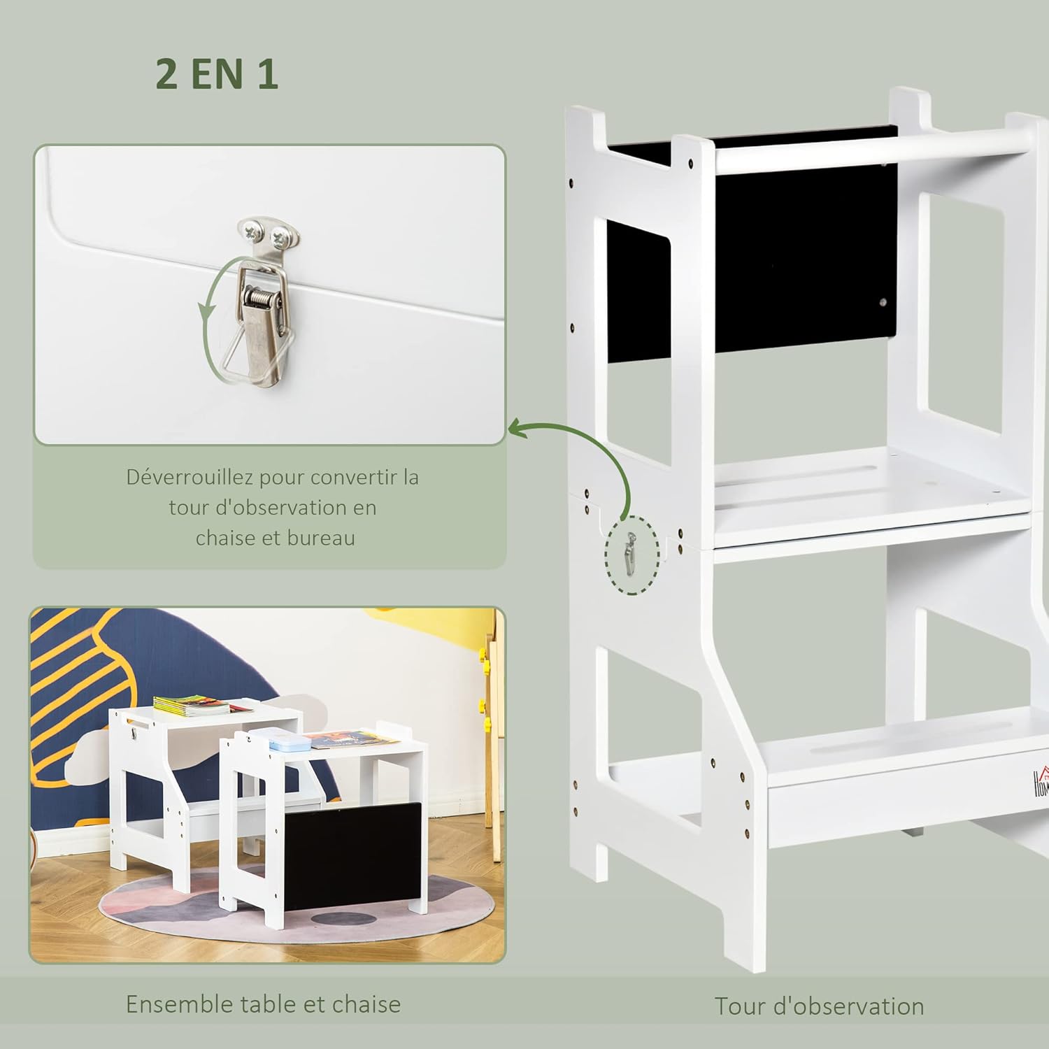Tour d’apprentissage Montessori 3 en 1 HOMCOM avec tableau à craie et tabouret – Image 3
