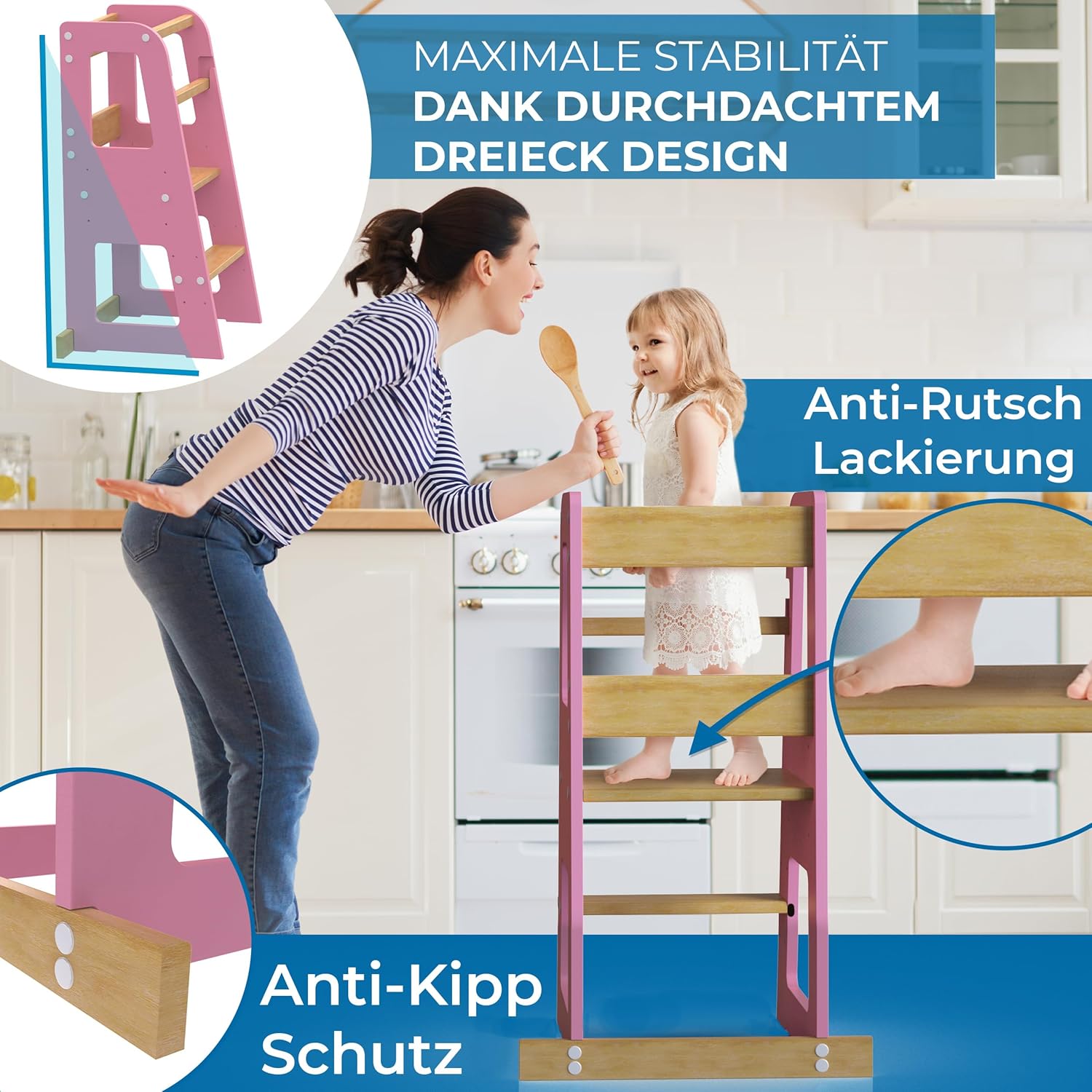 Tour d’apprentissage Montessori Schwanfeld pour enfants dès 1 an en bois massif Rose Bonbon – Image 2