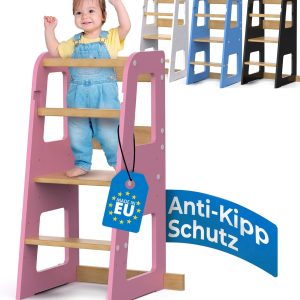 Tour d&rsquo;apprentissage Montessori Schwanfeld pour enfants dès 1 an en bois massif Rose Bonbon