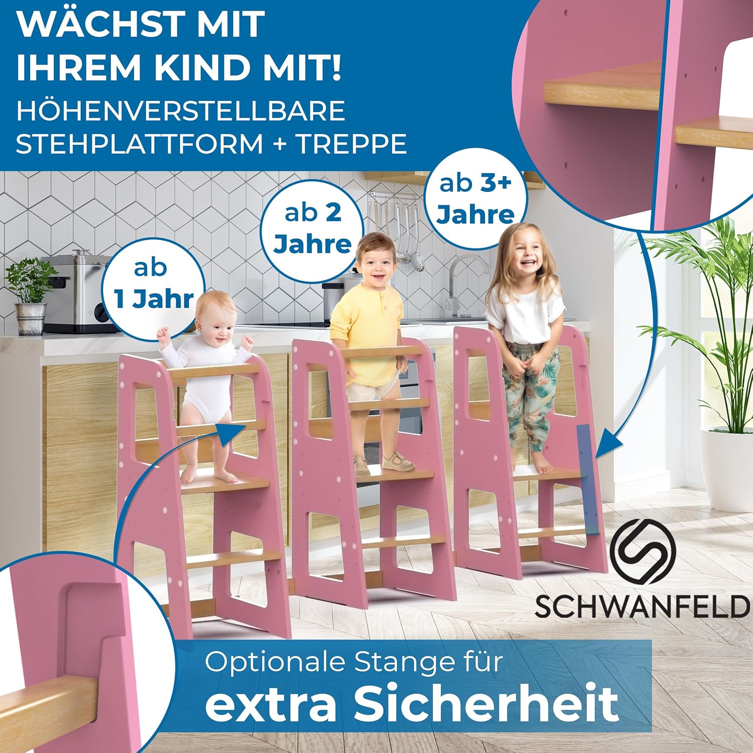 Tour d’apprentissage Montessori Schwanfeld pour enfants dès 1 an en bois massif Rose Bonbon – Image 3