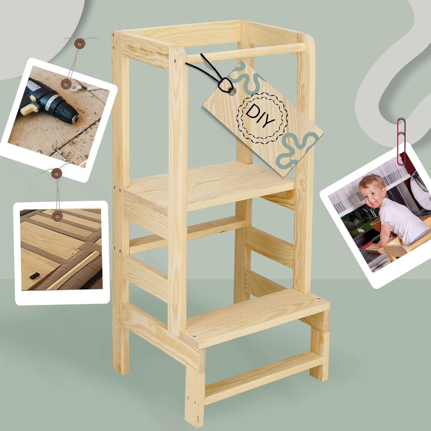 Tour d’observation Montessori Springos pour enfants : chaise haute en bois massif DIY – Image 3