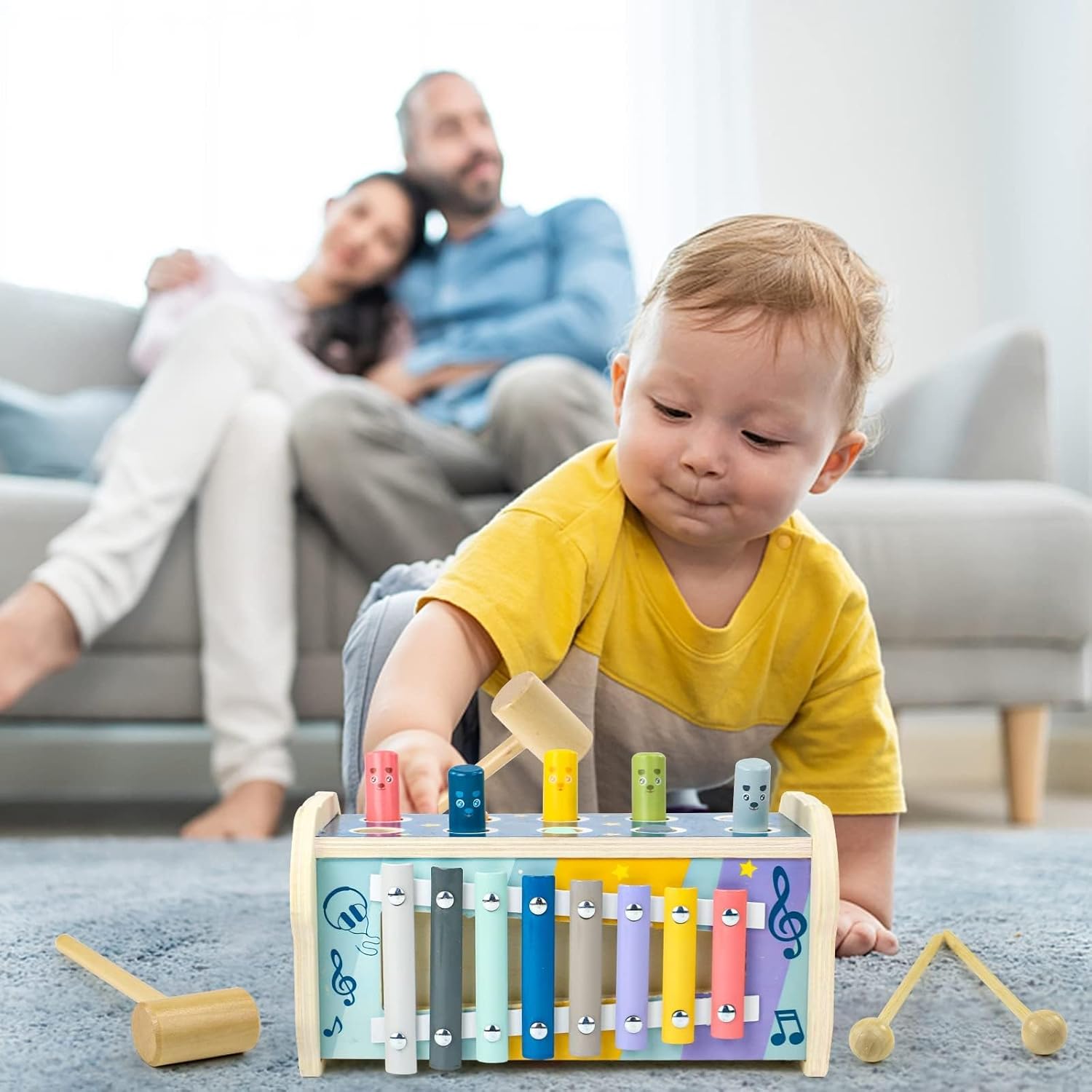 Xylophone en bois 3 en 1 Montessori pour bébé 1-2 ans : jeu éducatif, taupe et match de numéro – Image 2