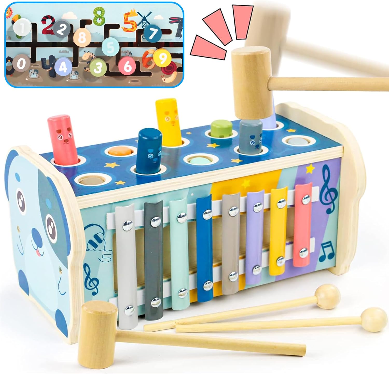 Xylophone en bois 3 en 1 Montessori pour bébé 1-2 ans : jeu éducatif, taupe et match de numéro
