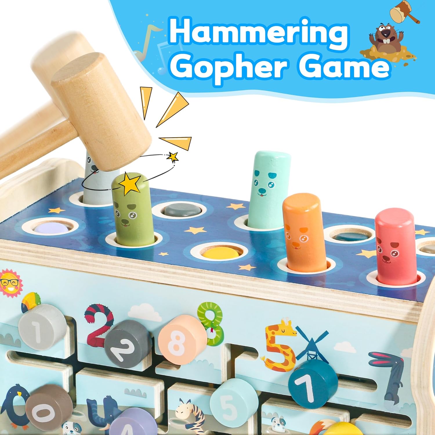 Xylophone en bois 3 en 1 Montessori pour bébé 1-2 ans : jeu éducatif, taupe et match de numéro – Image 3